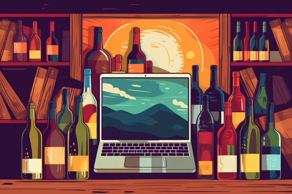 Laptop with Wine bottles on a bar