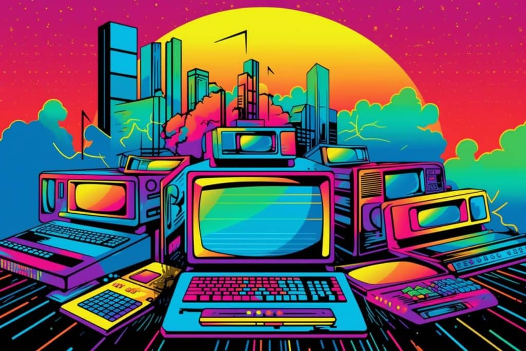 several computers in front of a city skyline