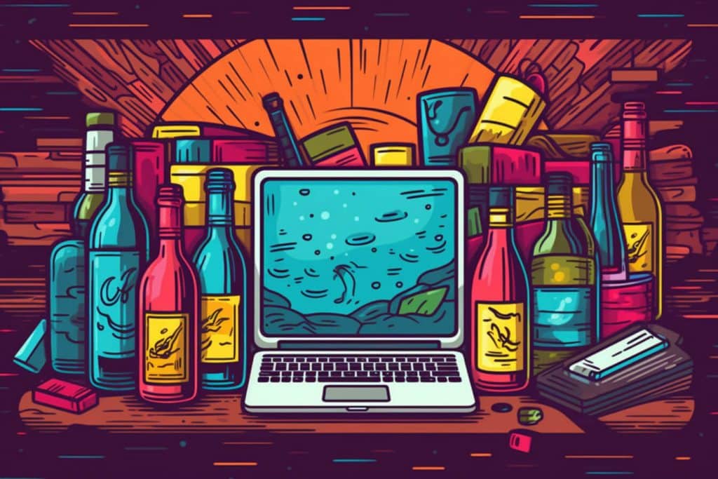 Laptop on counter sitting among bottles of wine