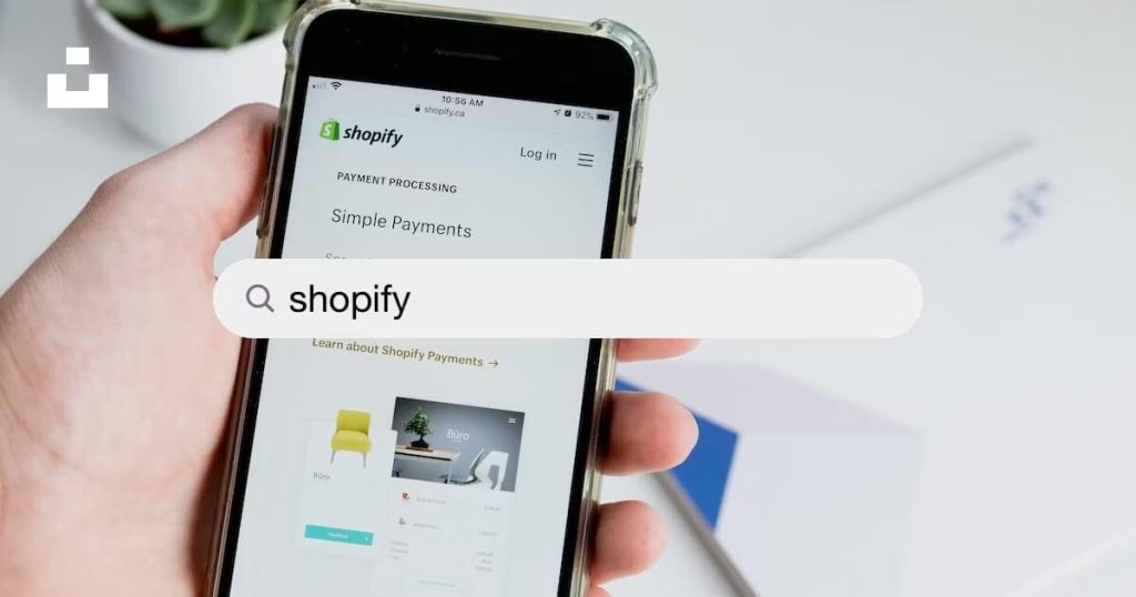 Illustration of a person selecting the best Shopify agency for their business growth. Hand holding phone looking up shopify on the web starting at a screen of shopify