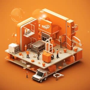 A graphic representing an ecommerce store with its complex parts with an orange background representing Magento Commerce