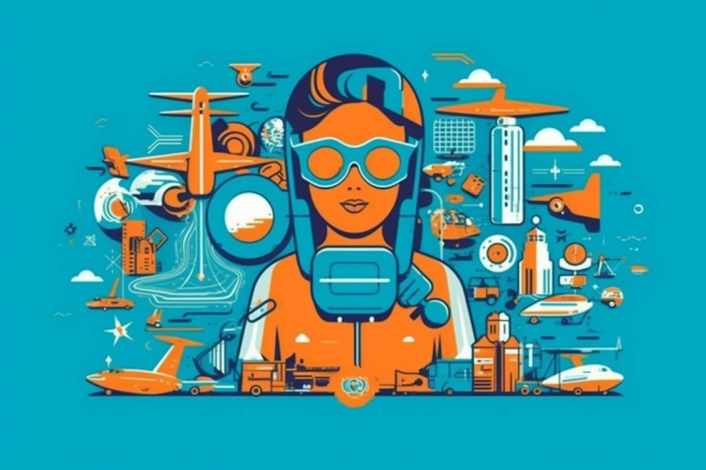 Woman in graphic with planes representing AI Copilot functionality