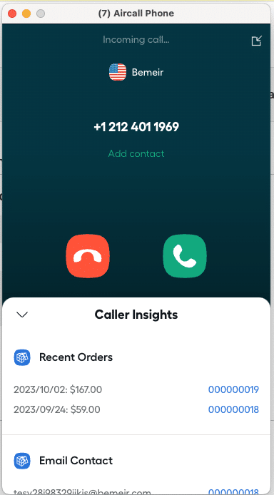 aircall showing magento customer data on dialer insight cards