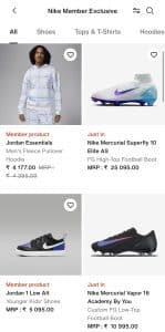 screenshot of the mobile app for shopify website of Nike