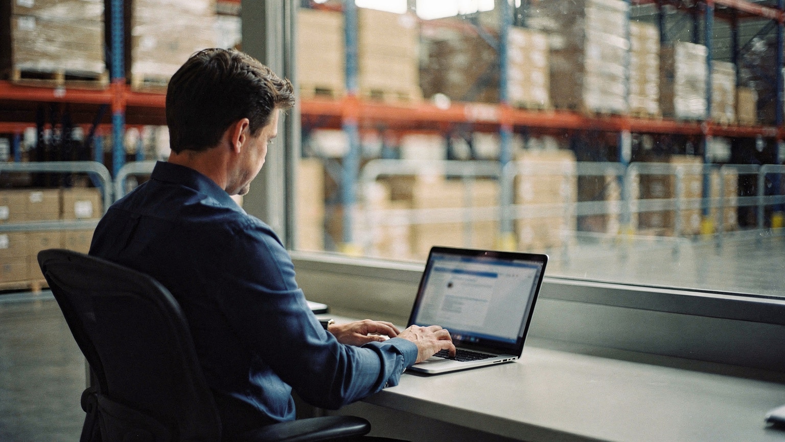 Procurement manager placing a large B2B reorder on a laptop in a distributor warehouse office