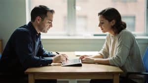 A technical account manager and client reviewing an Adobe Commerce support agreement in a Brooklyn office