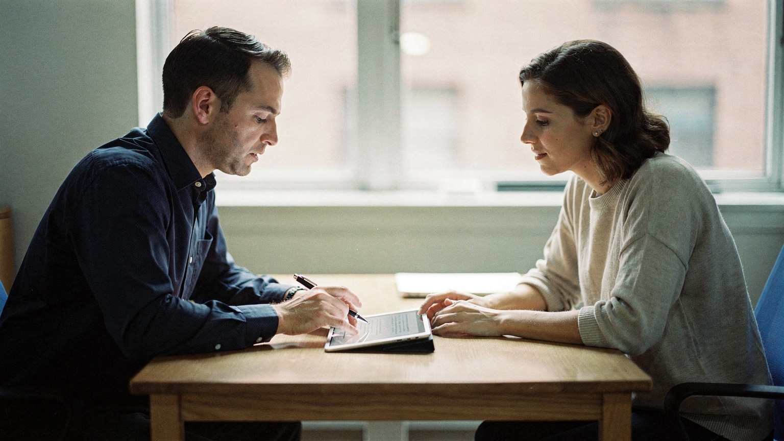 A technical account manager and client reviewing an Adobe Commerce support agreement in a Brooklyn office