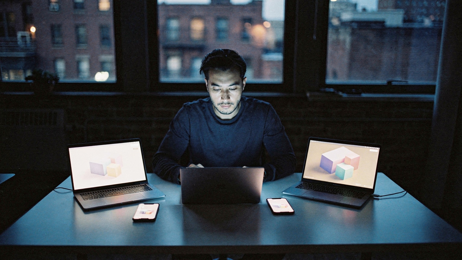 A developer working across a laptop and phones showing a storefront in a Brooklyn studio