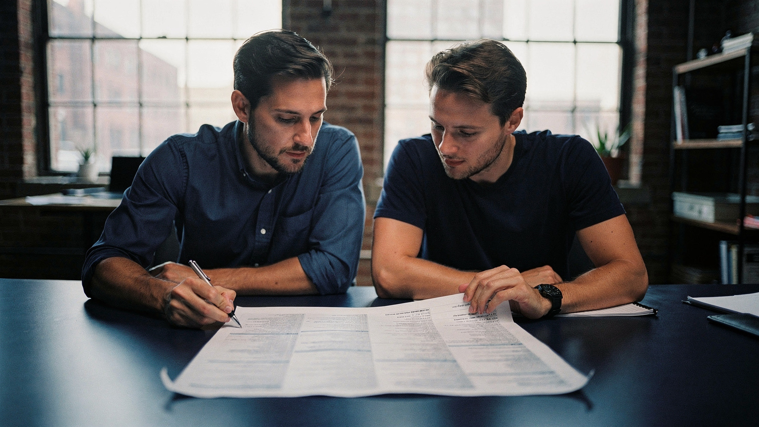 A finance lead and engineer reviewing an itemized Magento replatform cost list in a Brooklyn office