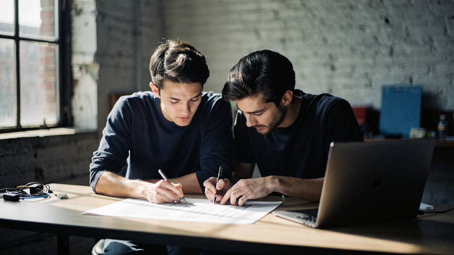 Two developers auditing a list of extensions before a Hyva migration in a Brooklyn studio
