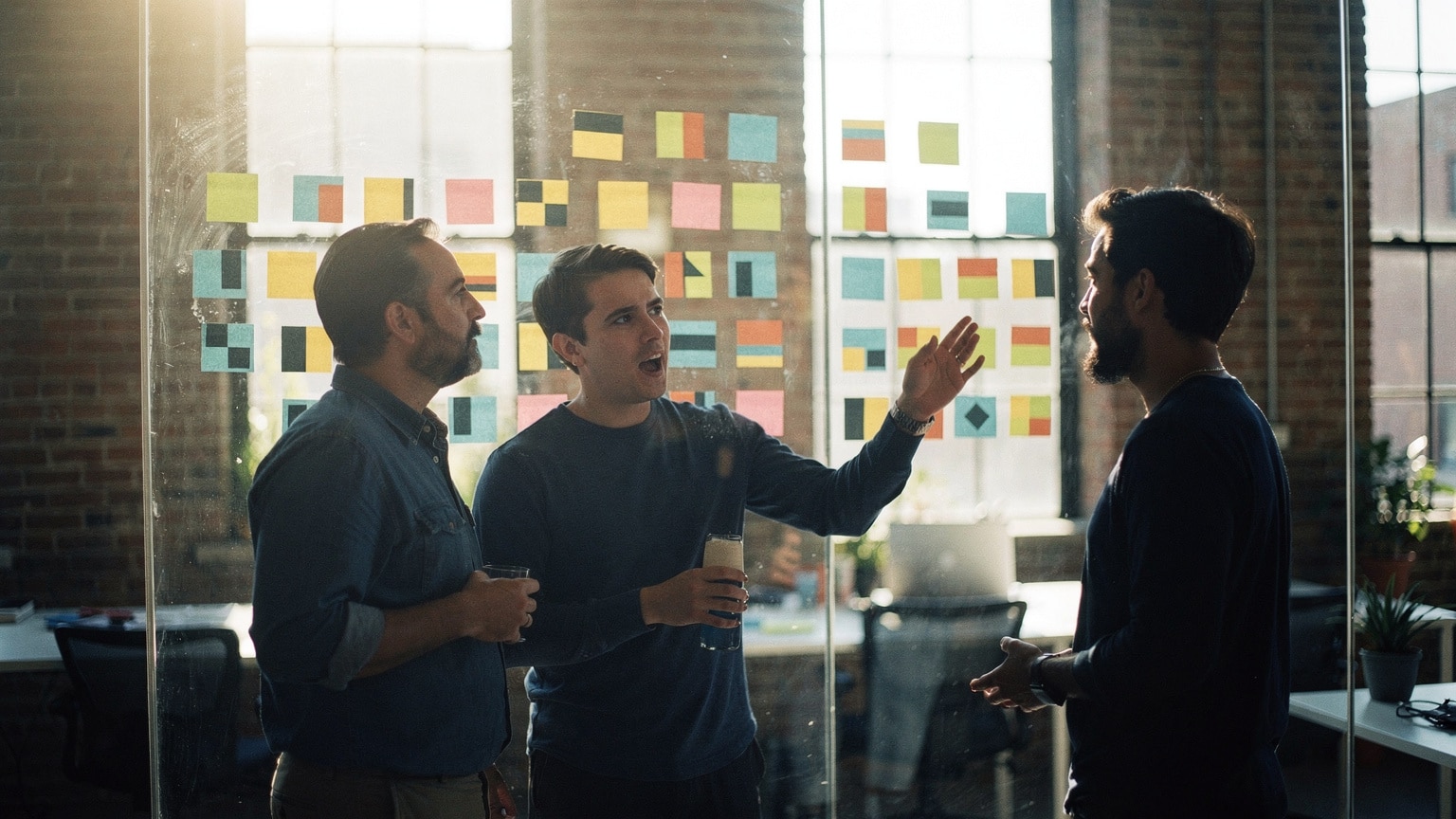 A frontend team planning a Hyva migration on sticky notes across a glass wall in a Brooklyn studio