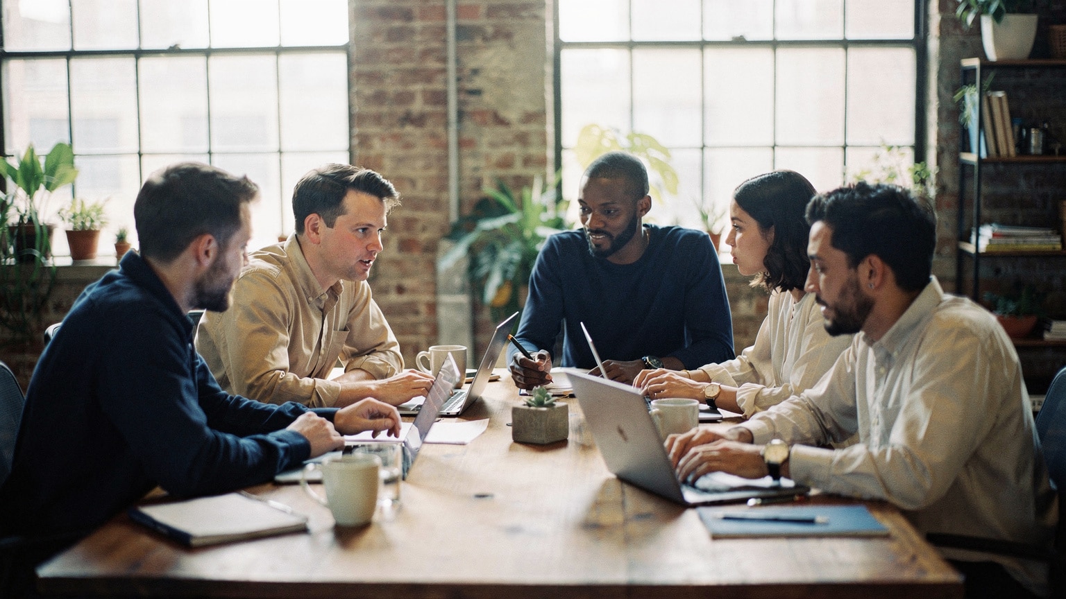 In-house ecommerce team collaborating with an external Magento partner around a desk in a Brooklyn office