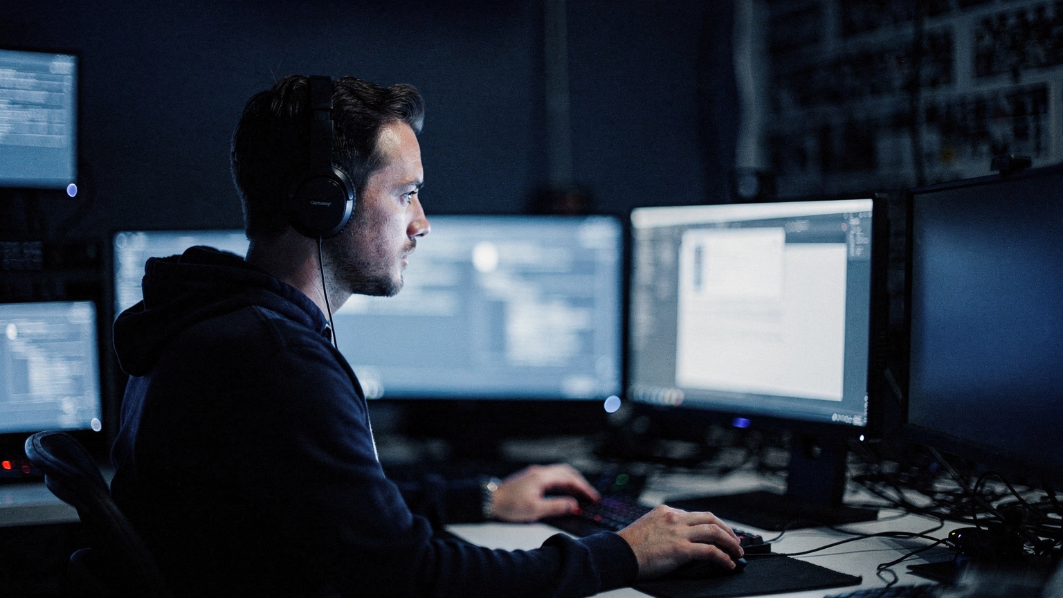 A security engineer reviewing Magento checkout integrity on a monitor in a Brooklyn operations room