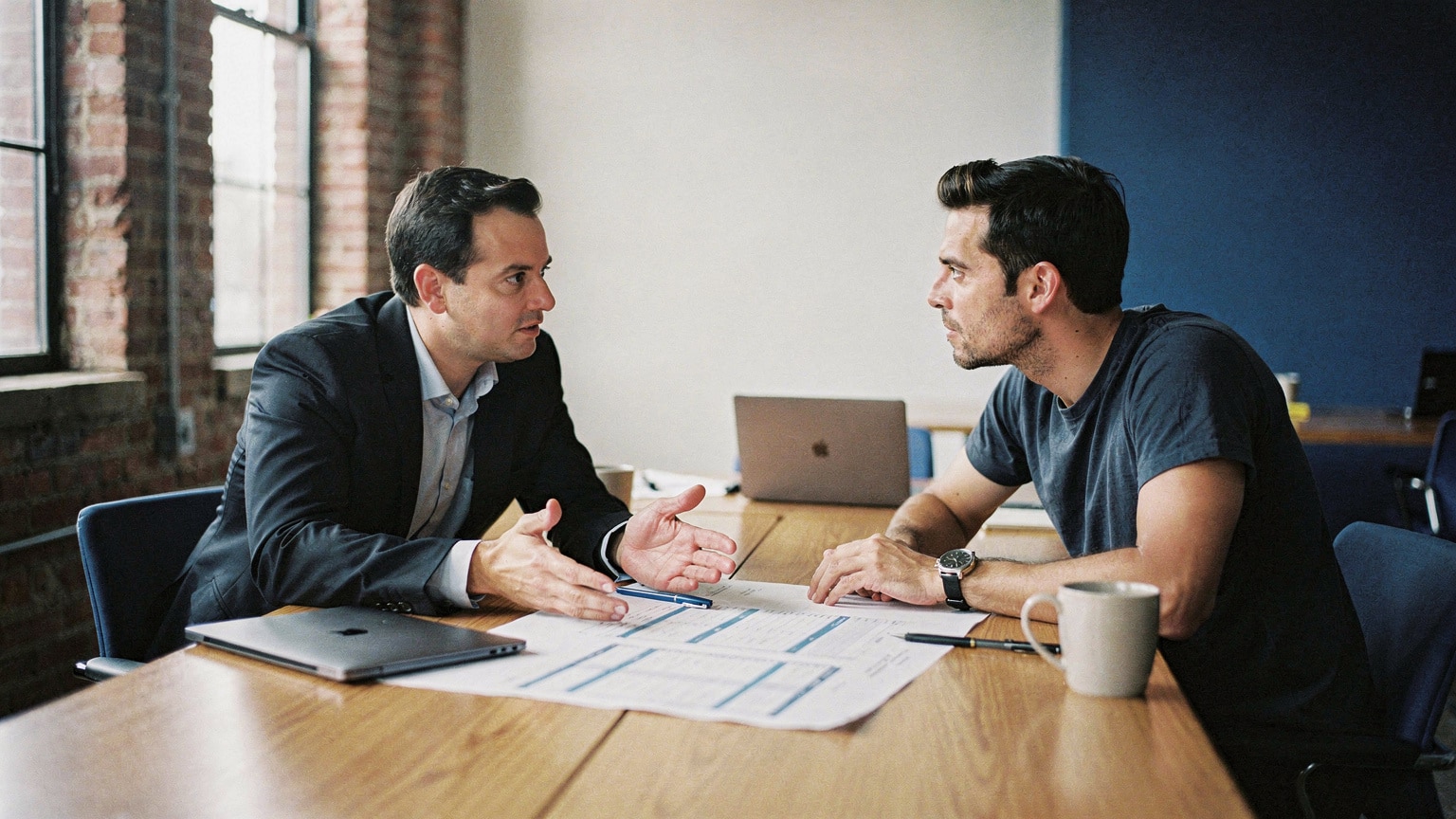 A finance lead and a technical lead reviewing a Magento project budget across a desk in a Brooklyn office