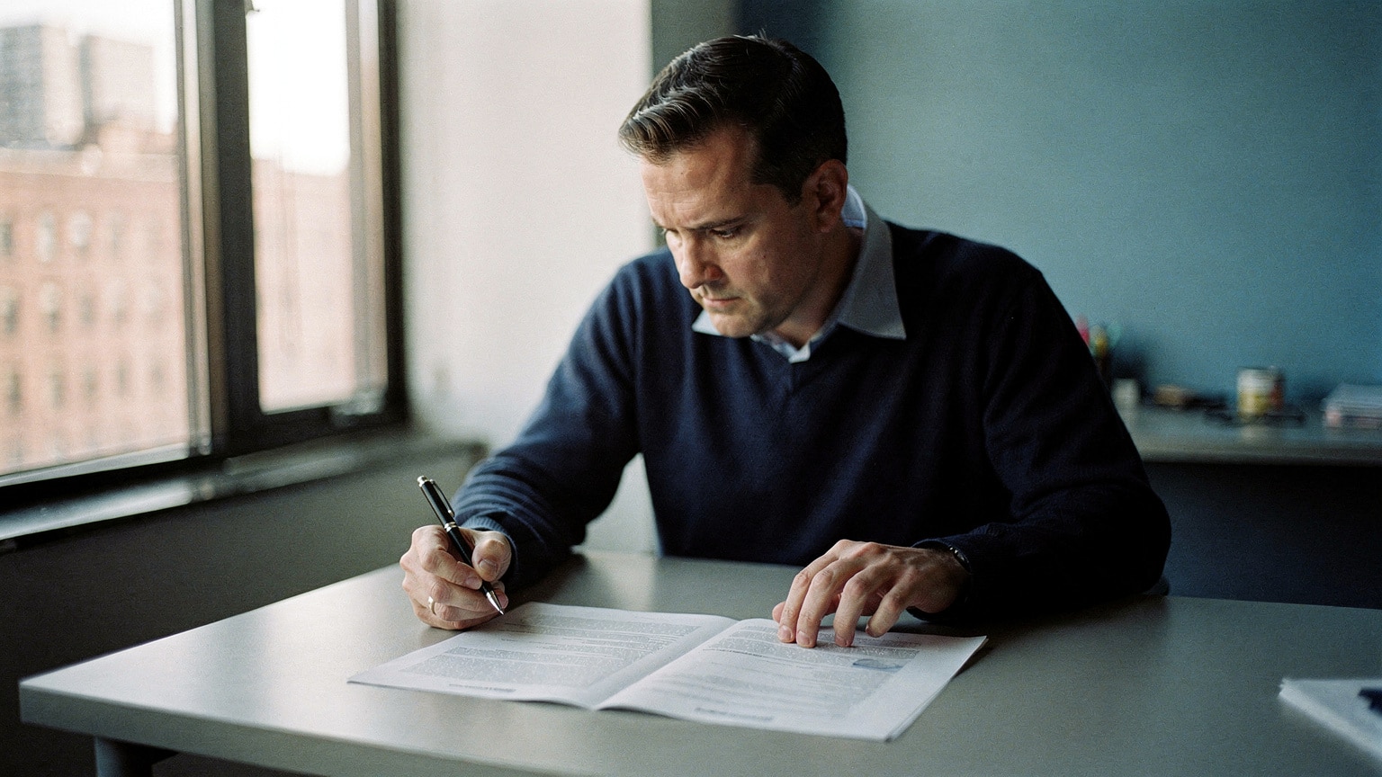 A procurement lead reading a printed Magento agency proposal with a pen at a desk in a Brooklyn office