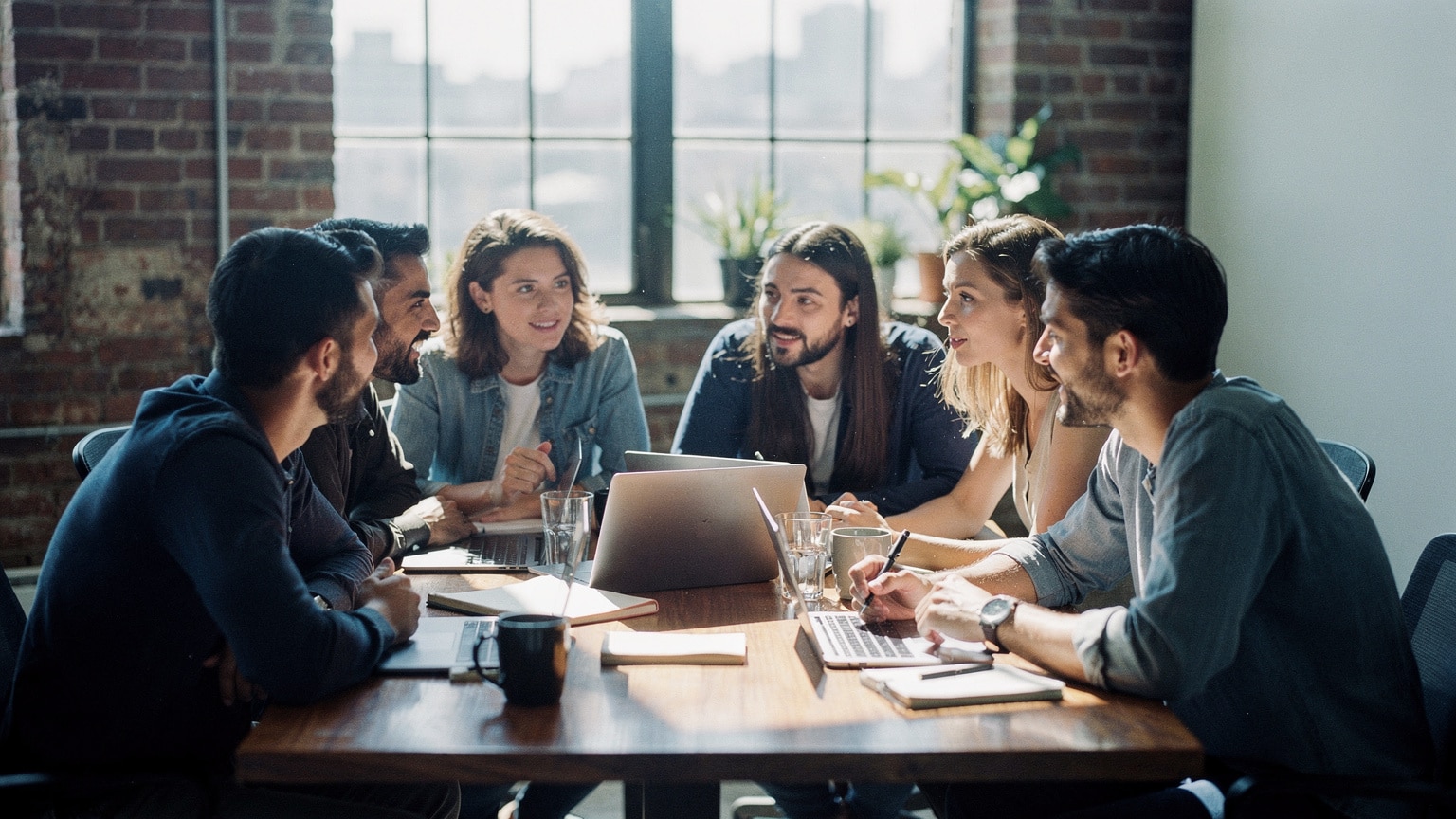 A client and small agency team at a Magento project kickoff meeting in a Brooklyn office