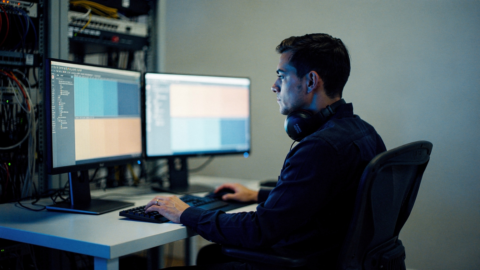 A security analyst monitoring traffic patterns at a workstation in a Brooklyn operations room