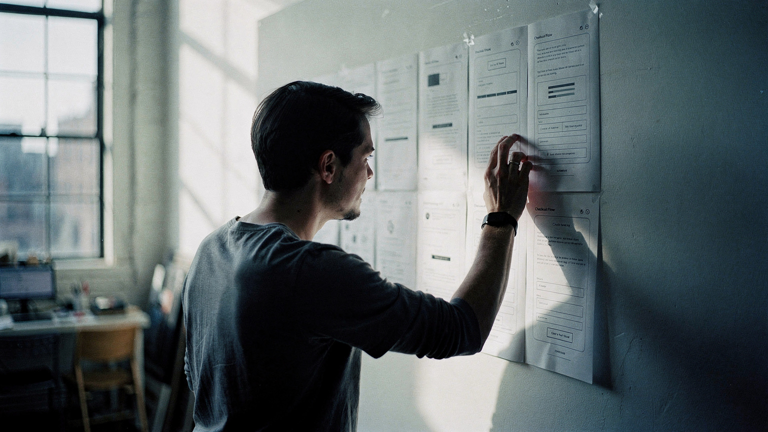 A UX designer reviewing a printed Magento checkout flow on a wall in a Brooklyn studio