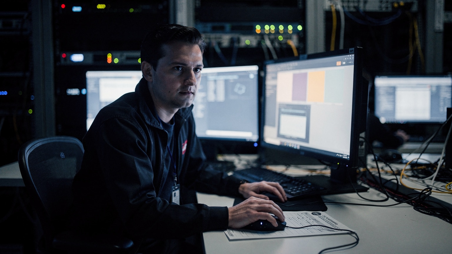 An operations engineer running through a Magento recovery checklist at a workstation at night