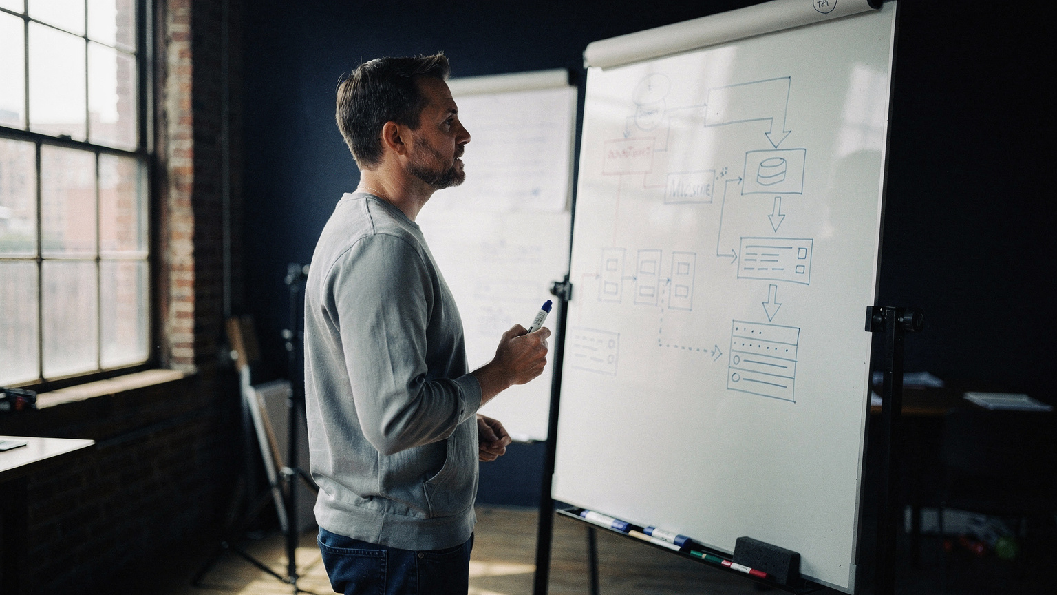 An infrastructure engineer reviewing Magento server architecture on a whiteboard in a Brooklyn studio