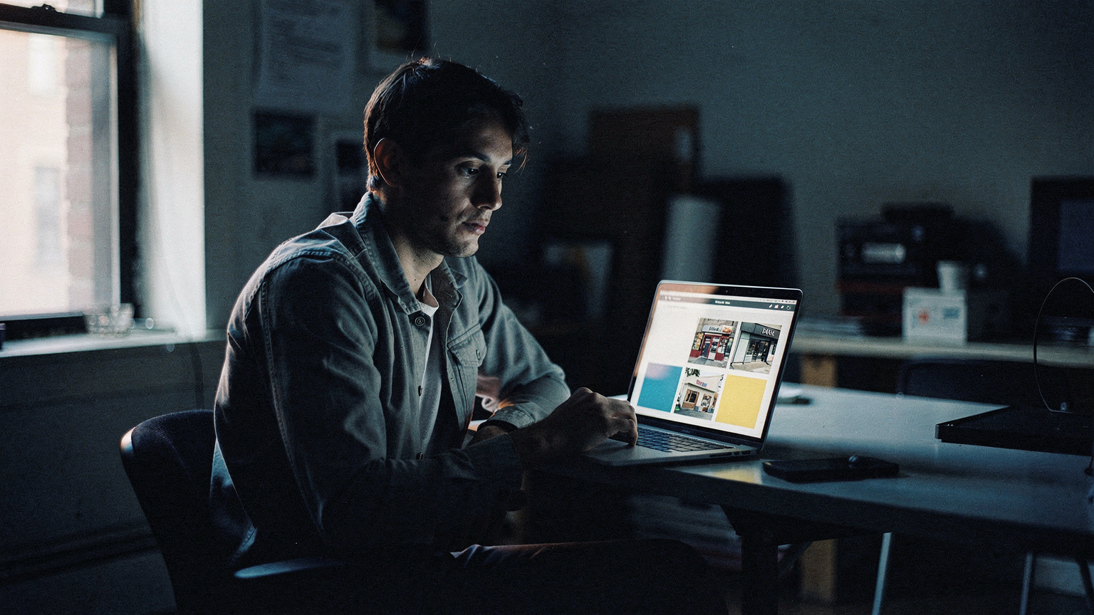 An operations lead reviewing several regional Magento storefronts on a laptop in a Brooklyn studio