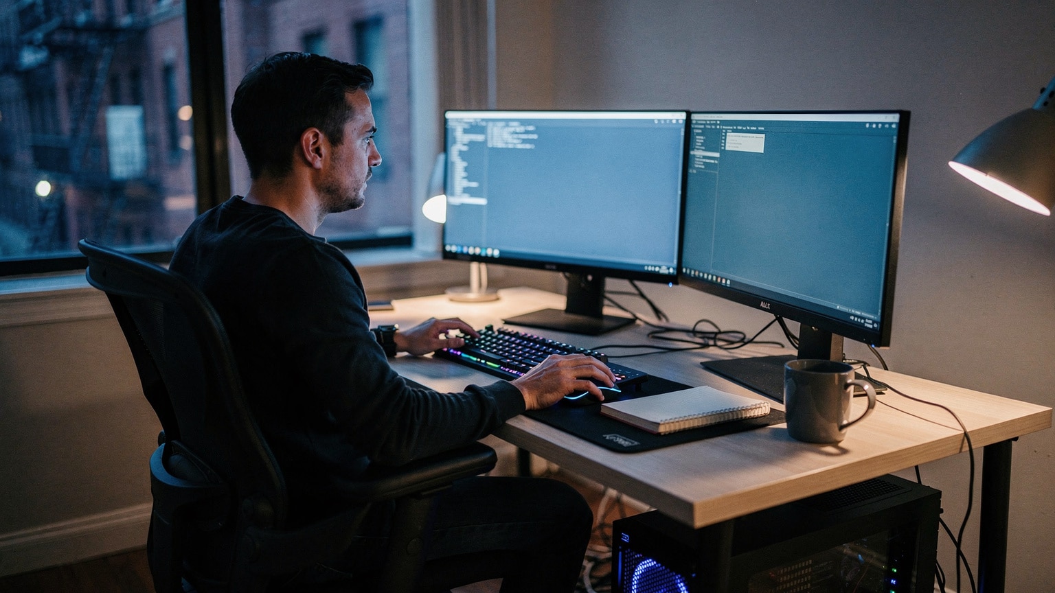Operations engineer applying Adobe Commerce security updates at a dual-monitor workstation in a Brooklyn studio