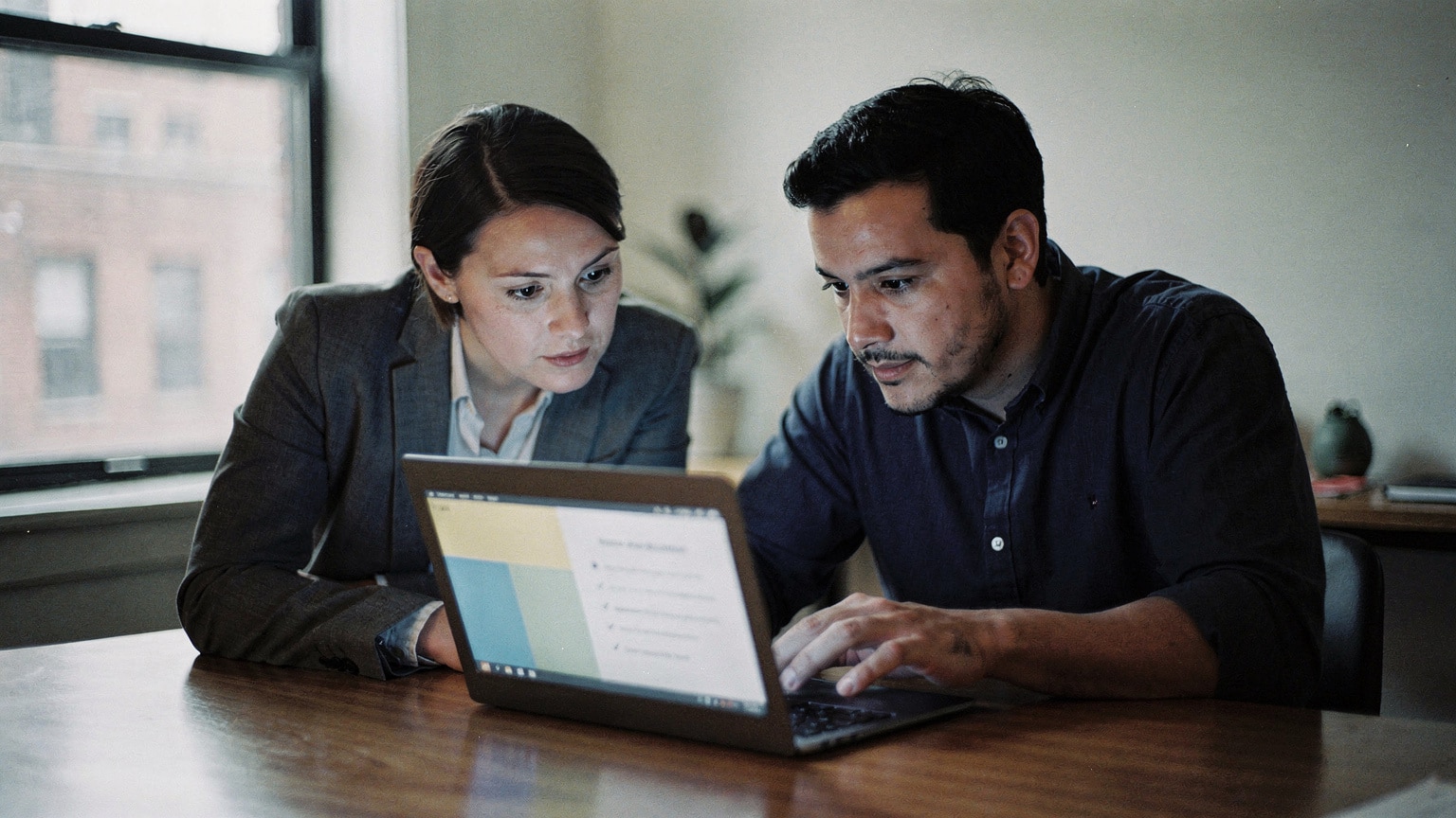 A compliance lead and engineer reviewing a PCI DSS checklist on a laptop in a Brooklyn office