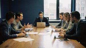A leadership team weighing replatforming options at a table in a Brooklyn boardroom