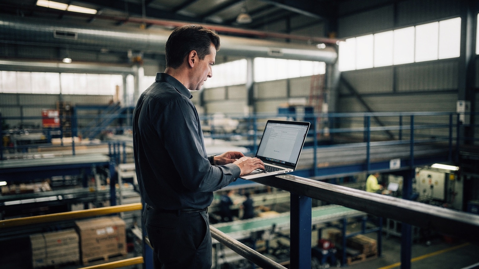 B2B operations manager reviewing orders on a laptop above a manufacturing plant floor