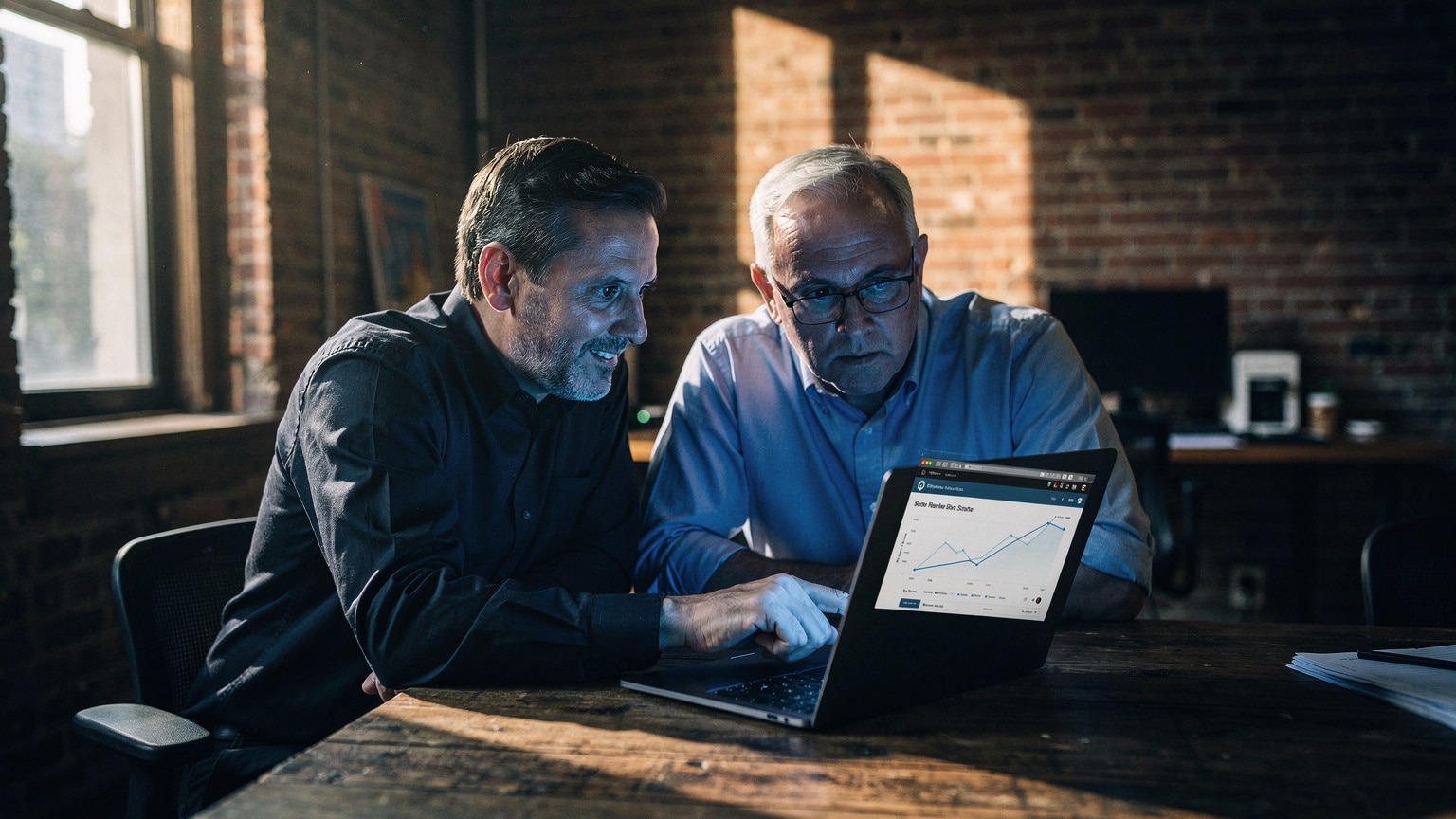 Two senior engineers reviewing a Magento store performance dashboard in a Brooklyn studio office
