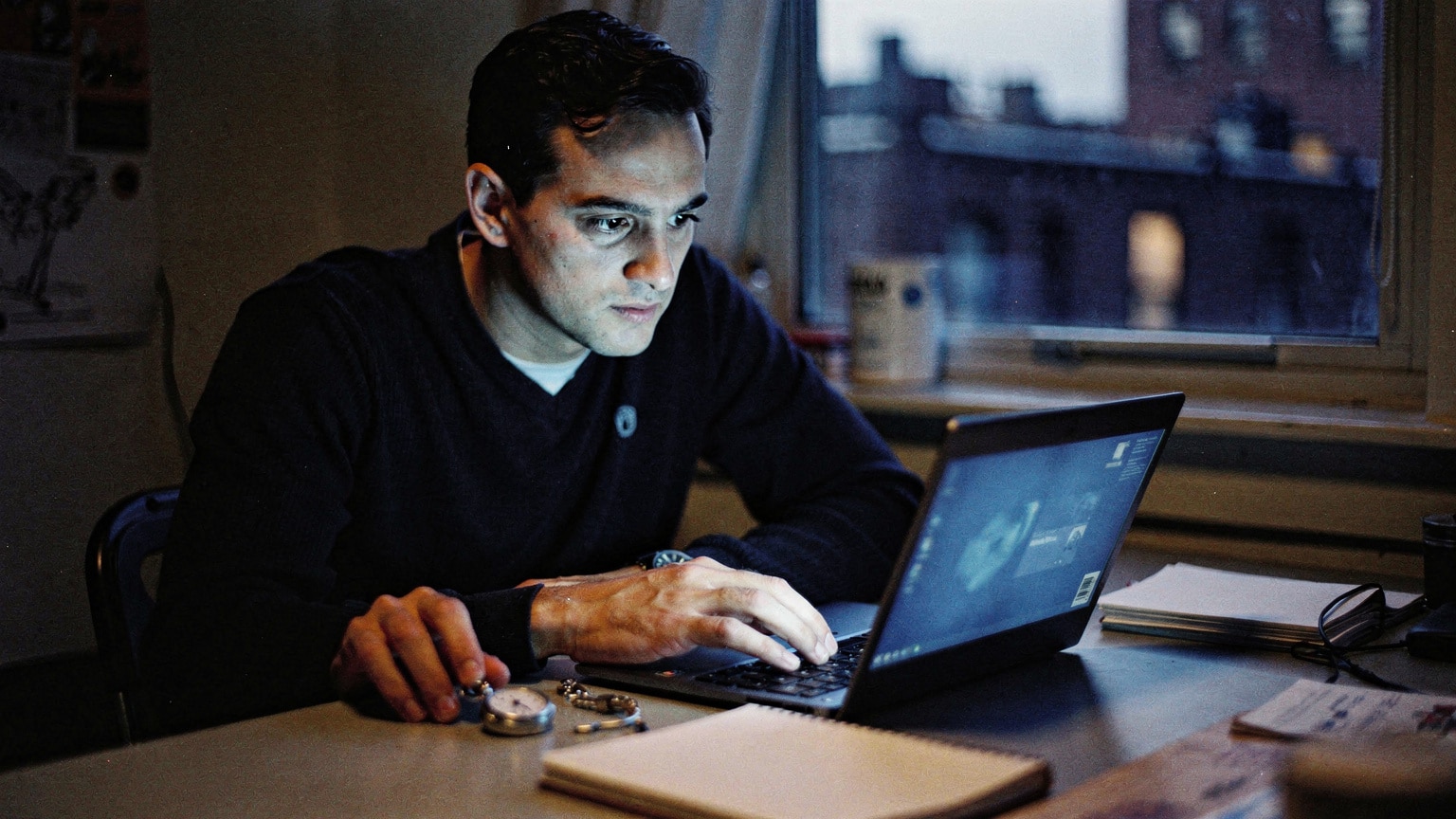 An engineer diagnosing a Magento performance problem with a stopwatch and notebook in a Brooklyn studio