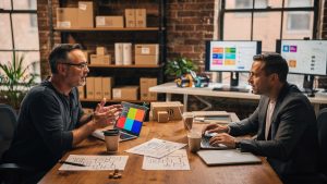 CTO and agency lead comparing proposals across a desk in a Brooklyn office