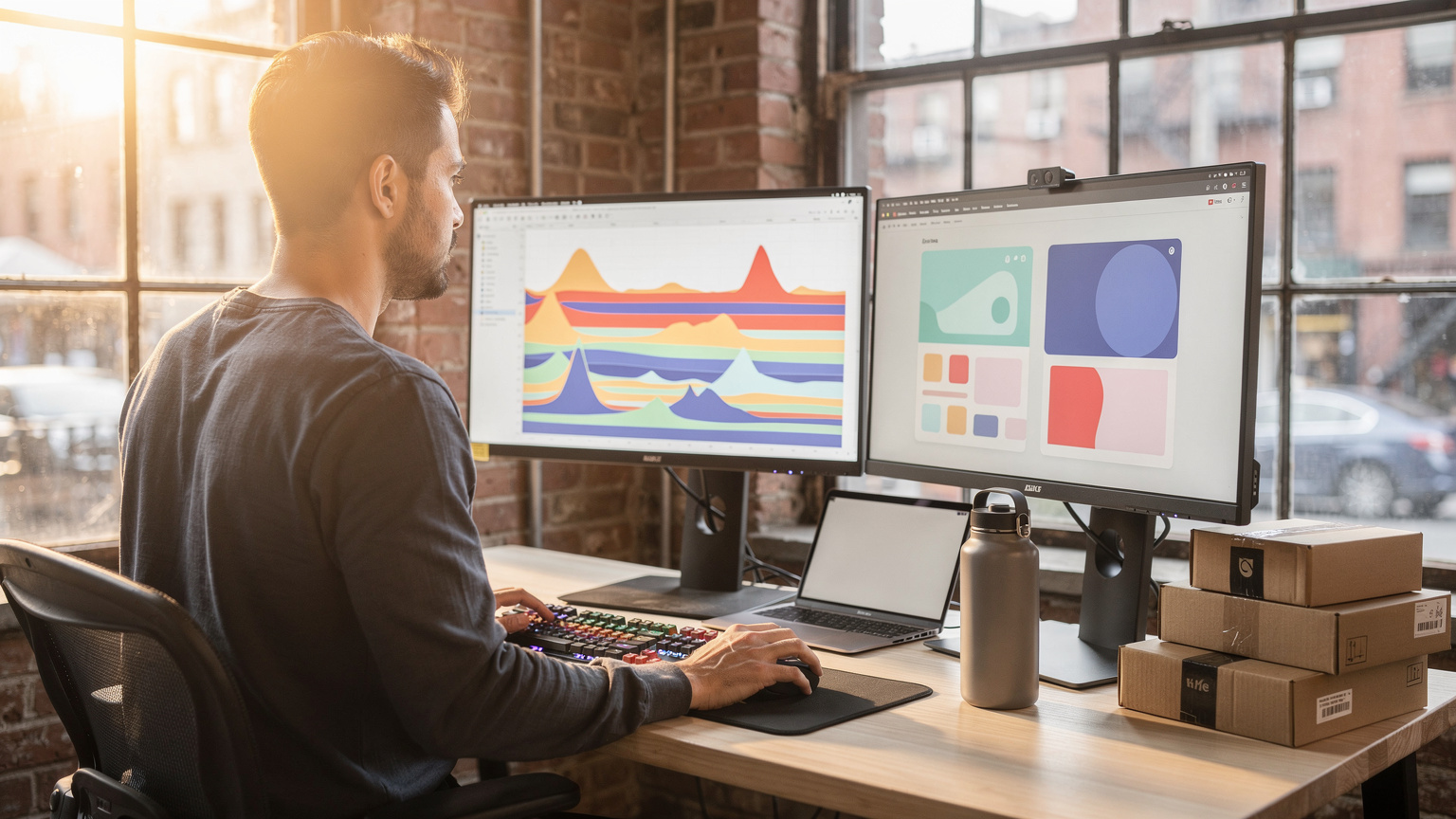 Developer reviewing abstract performance graphs on dual monitors in a Brooklyn studio