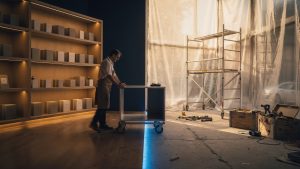 Retail boutique interior mid-renovation at golden hour, finished shelving on one side and dust-sheeted raw space on the other